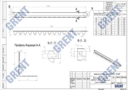 Бордюр стальной GRENT BR L-образный 1200*60, 1,5, нержавеющий